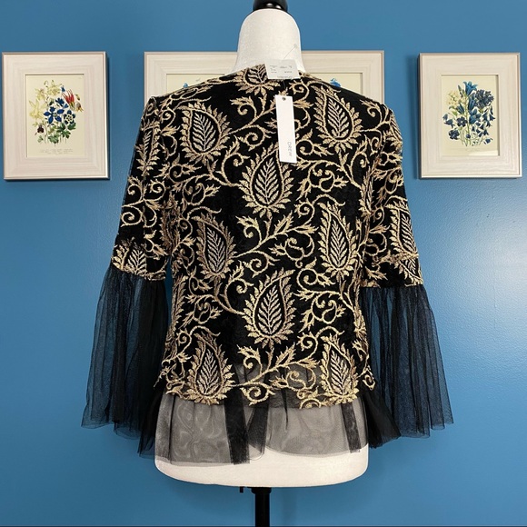 🆕 NWT DREW Women’s Black/Gold Embroidered Mesh Top Tulle Blouse A-Line XS - Picture 7 of 11